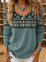Women's Vintage Aztec Print Henley Neck Sweater Top