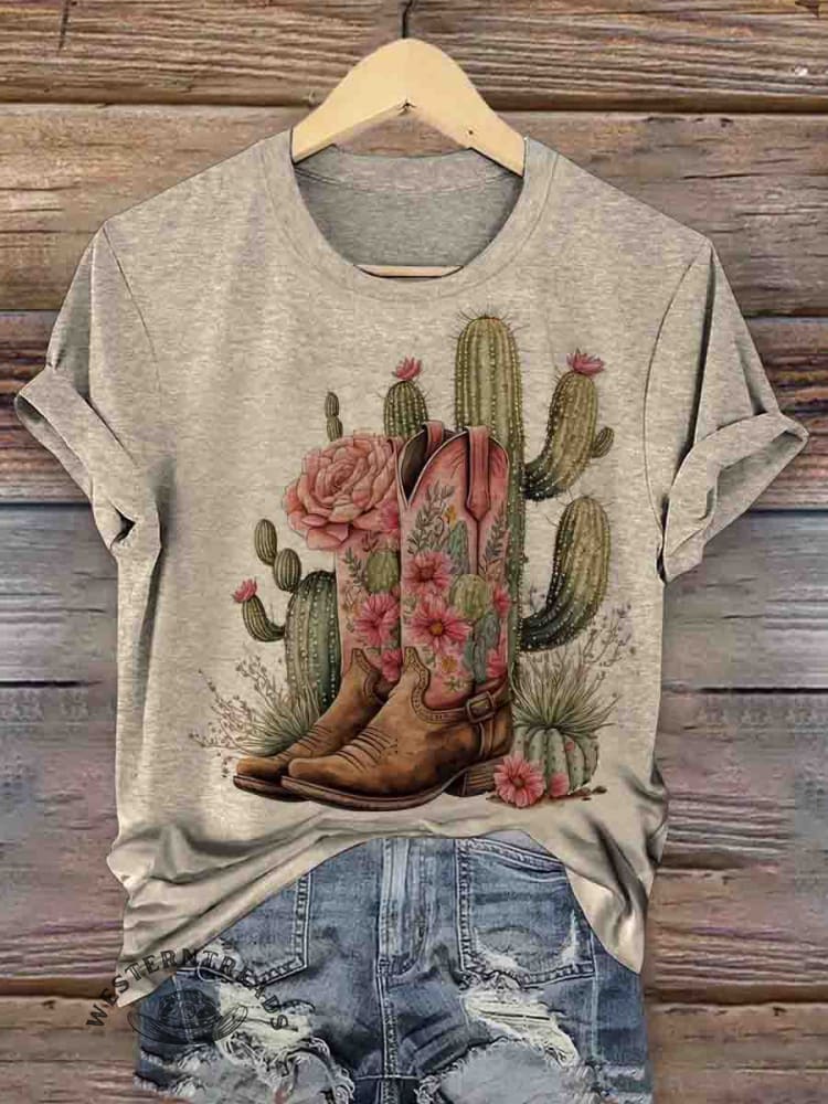 Retro Cactus Art Print Casual T-shirt