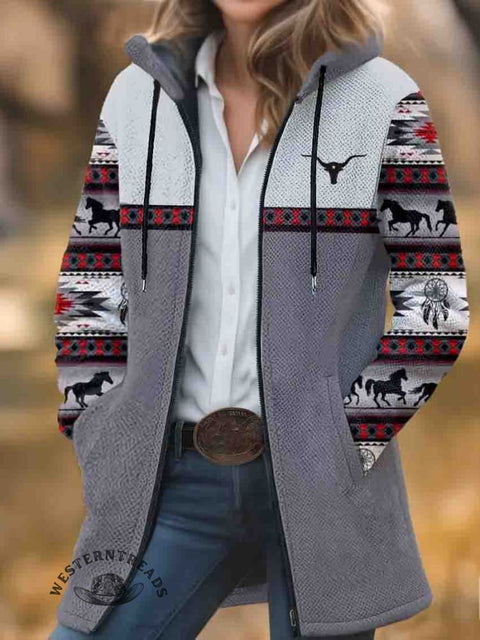 Aztec Print Unisex Plush Thick Long-Sleeved Cardigan Coat