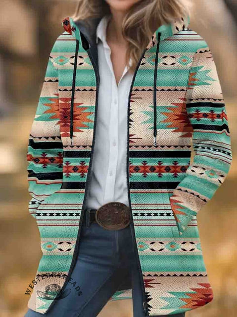 Aztec Print Unisex Plush Thick Long-Sleeved Cardigan Coat