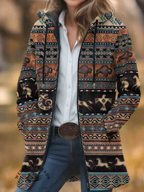 Aztec Print Unisex Plush Thick Long-Sleeved Cardigan Coat