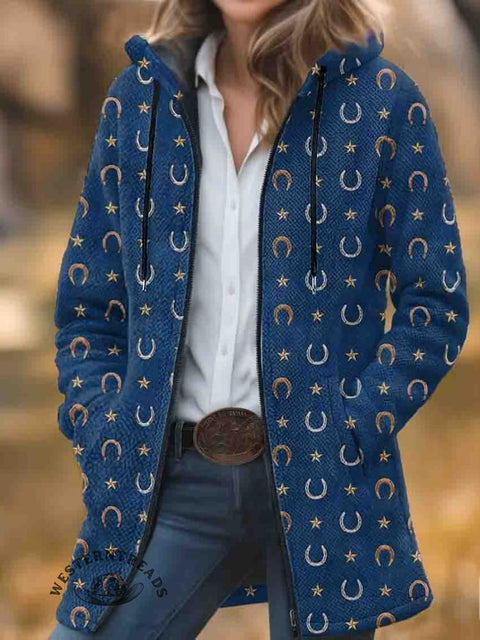 Western Print Unisex Plush Thick Long-Sleeved Cardigan Coat