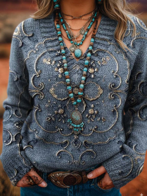 Women's Flower Pattern Casual Printed V-neck Knitted Sweater