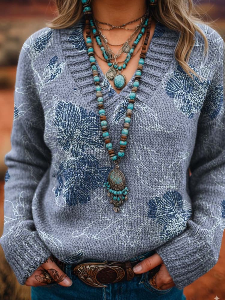 Women's Flower Pattern Casual Printed V-neck Knitted Sweater