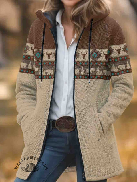 Aztec Print Unisex Plush Thick Long-Sleeved Cardigan Coat