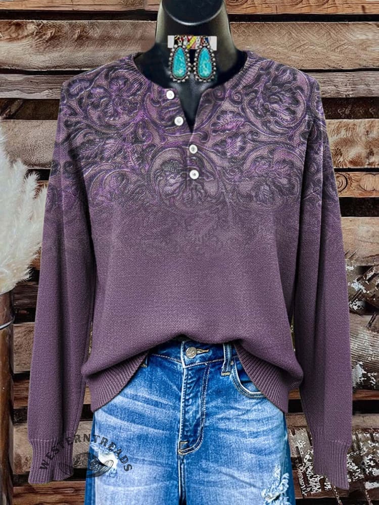 Women's Vintage Floral Print Henley Neck Sweater Top