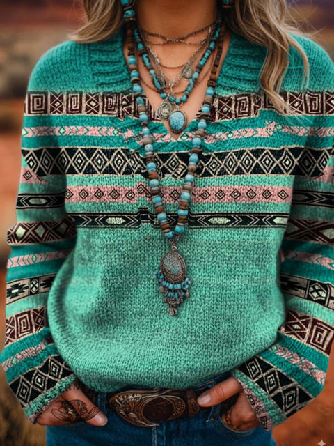 Women's Aztec Pattern Casual Printed V-neck Knitted Sweater