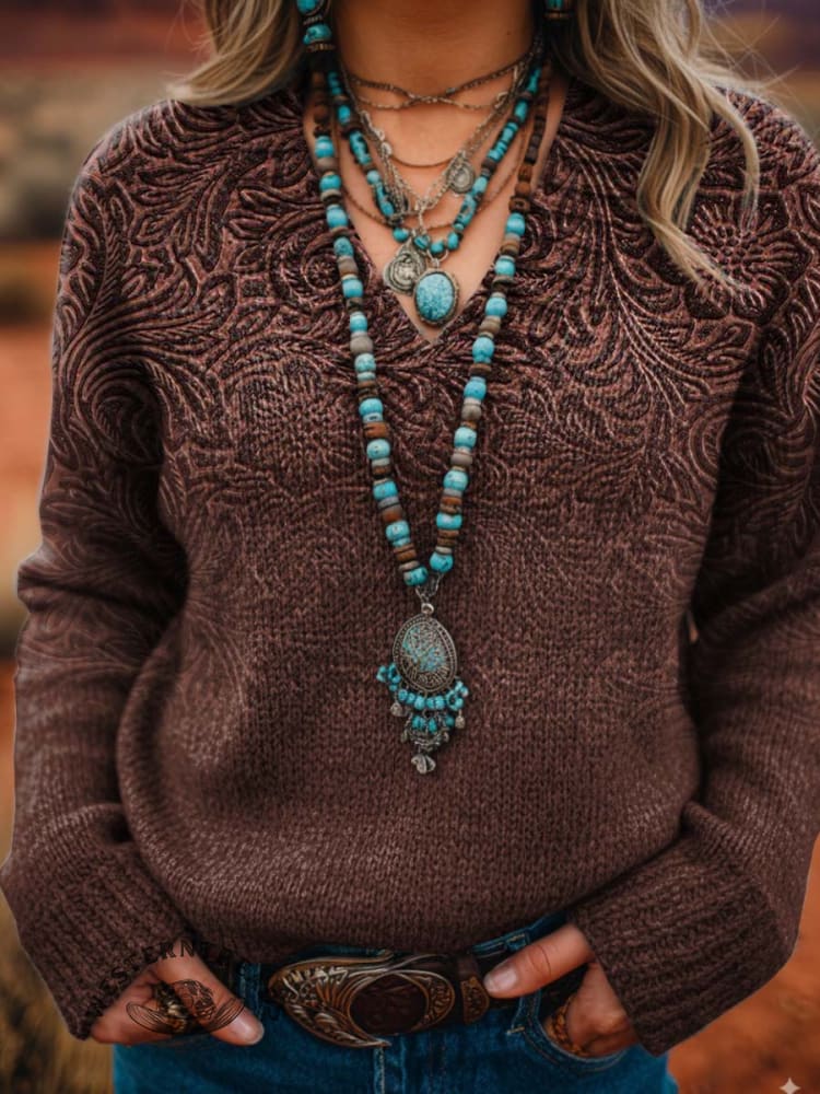 Women's Flower Pattern Casual Printed V-neck Knitted Sweater