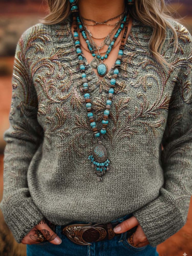 Women's Flower Pattern Casual Printed V-neck Knitted Sweater