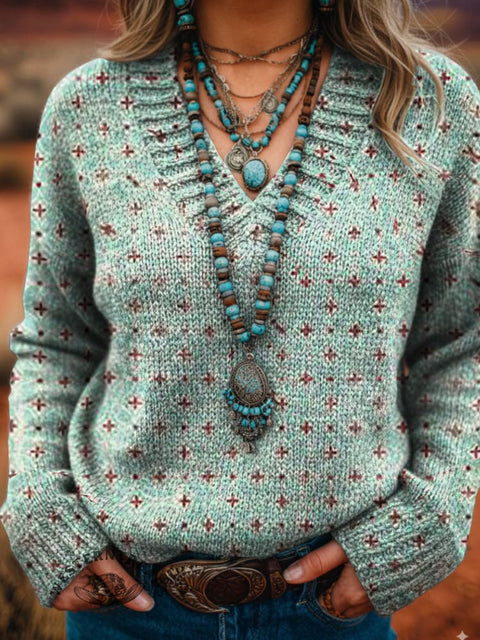 Women's Western Pattern Casual Printed V-neck Knitted Sweater