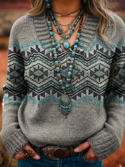 Women's Aztec Pattern Casual Printed V-neck Knitted Sweater