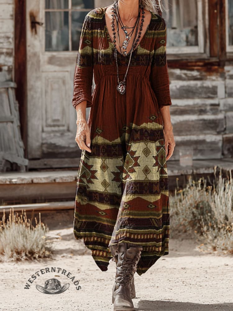 Vintage Aztec Pattern Women's Print Pocket Cotton Dress