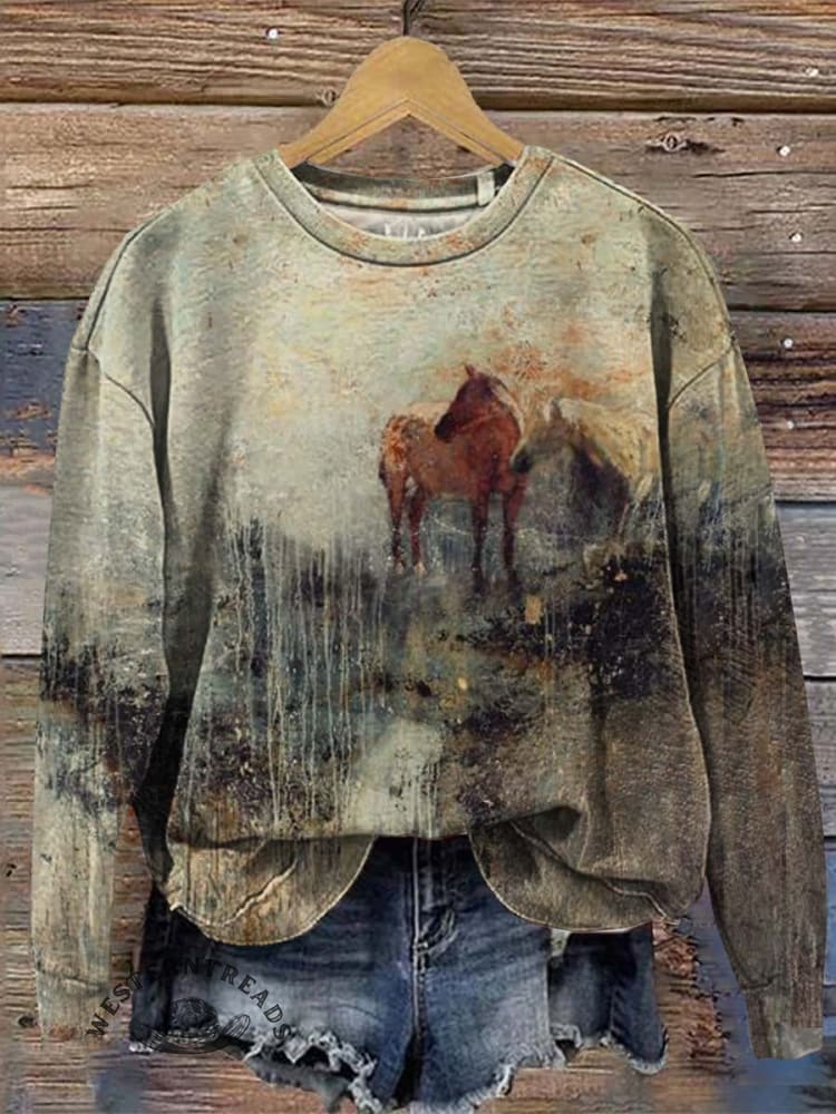 Vintage Western Horse Art Print Casual Cotton Sweatshirt