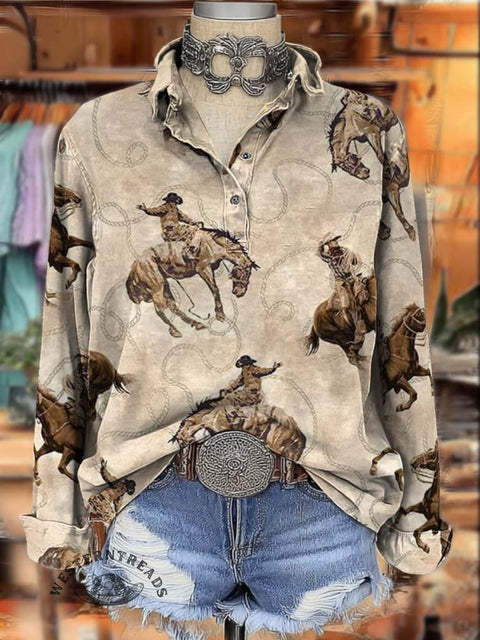 Western Style Cactus Print Women's Print Casual Cotton Shirt