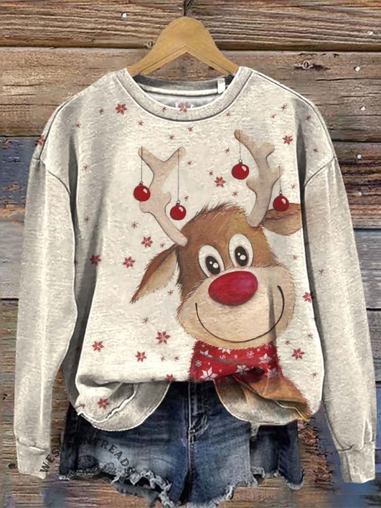 Vintage Christmas Art Print Casual Cotton Sweatshirt
