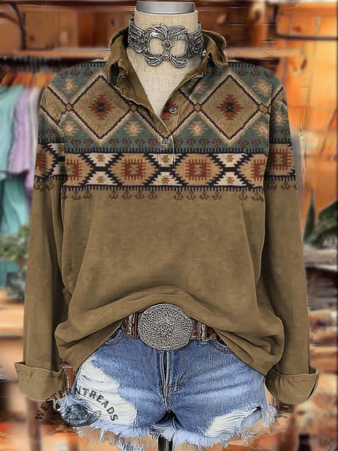Western Aztec Style Print Women's Print Casual Cotton Shirt