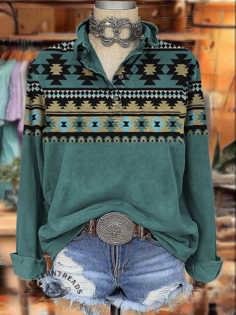 Western Aztec Style Print Women's Print Casual Cotton Shirt