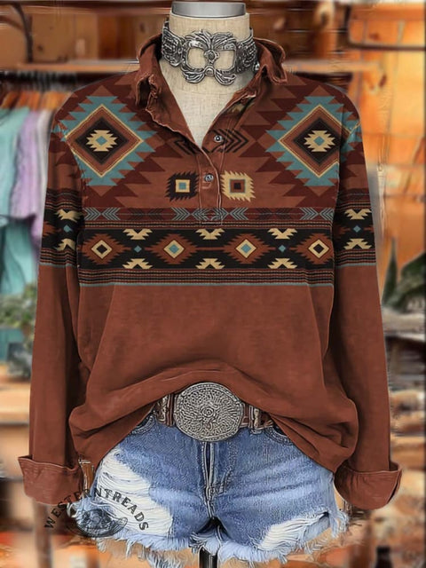Western Aztec Style Print Women's Print Casual Cotton Shirt
