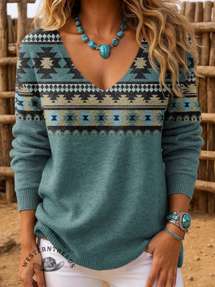 Women's Vintage Western Aztec Art Print Casual Pullover Sweater