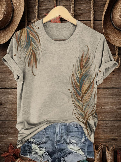 Retro Western Feather Art Print Casual T-shirt