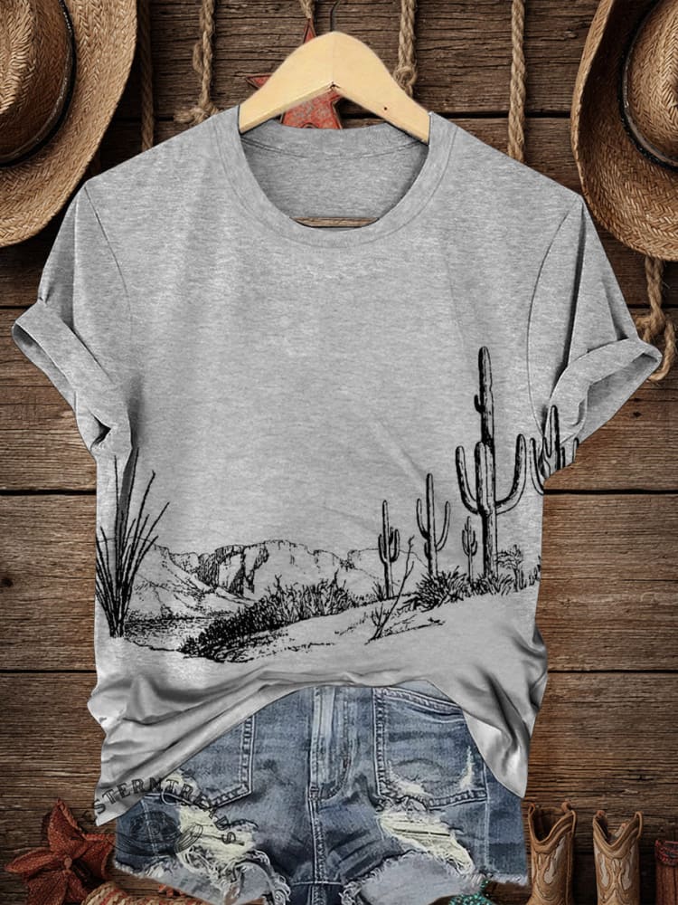 Retro Western Cactus Art Print Casual T-shirt