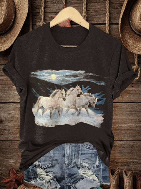 Retro Western Horse Art Print Casual T-shirt