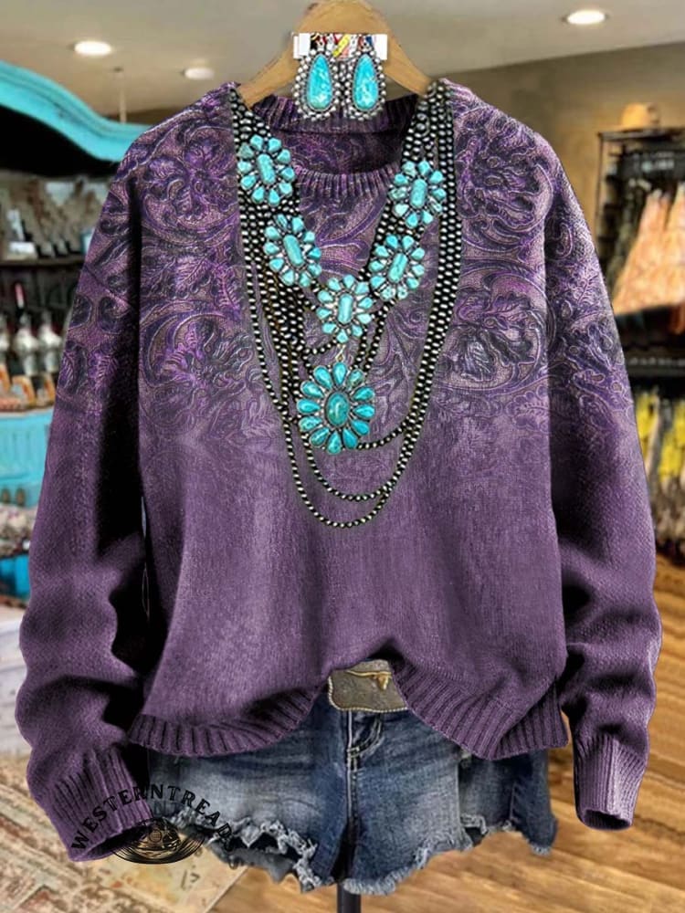 Women's Vintage Floral Print Henley Neck Sweater Top