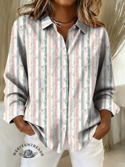 Women's Retro Pastoral Floral Stripes Print Casual Cotton Shirt