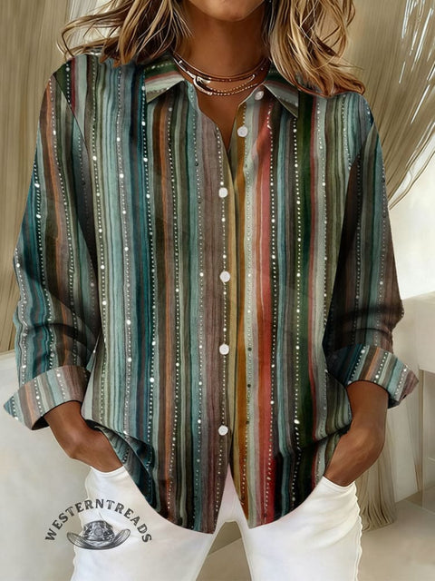 Women's Retro Color Stripes Print Casual Cotton Shirt