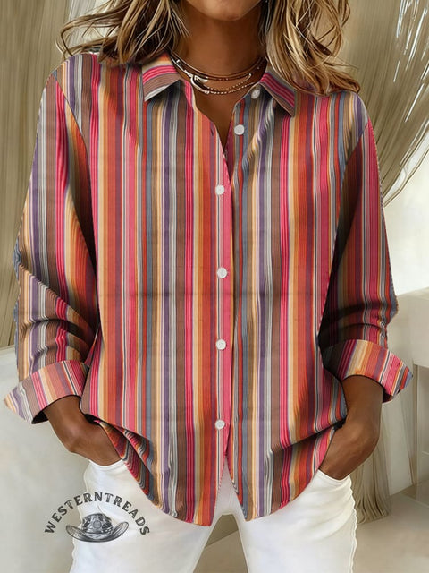 Women's Retro Western Stripe Print Casual Cotton Shirt