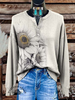 Women's Vintage Sunflower Print Henley Neck Sweater Top