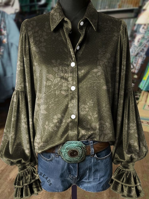 Women's Retro Floral Print Casual Cotton Shirt