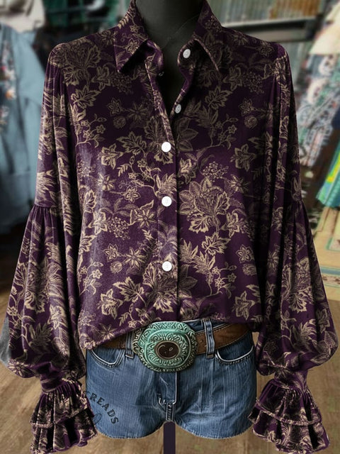 Women's Retro Floral Print Casual Cotton Shirt