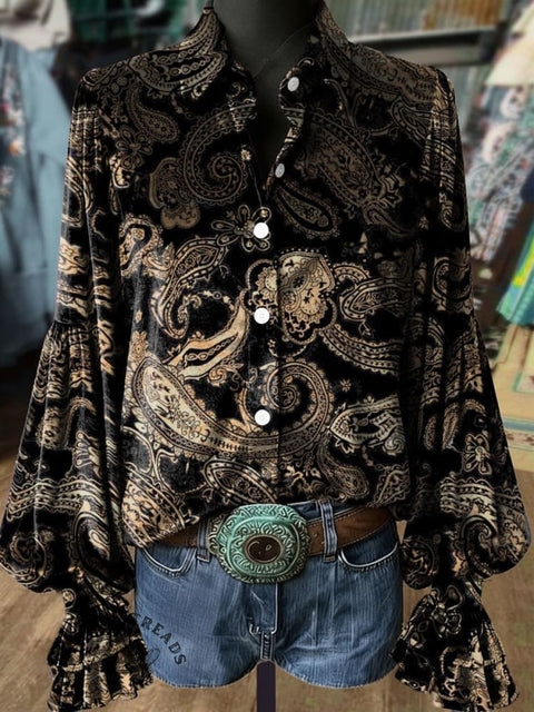 Women's Retro Floral Print Casual Cotton Shirt