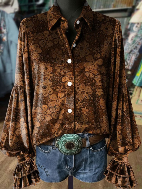 Women's Retro Floral Print Casual Cotton Shirt