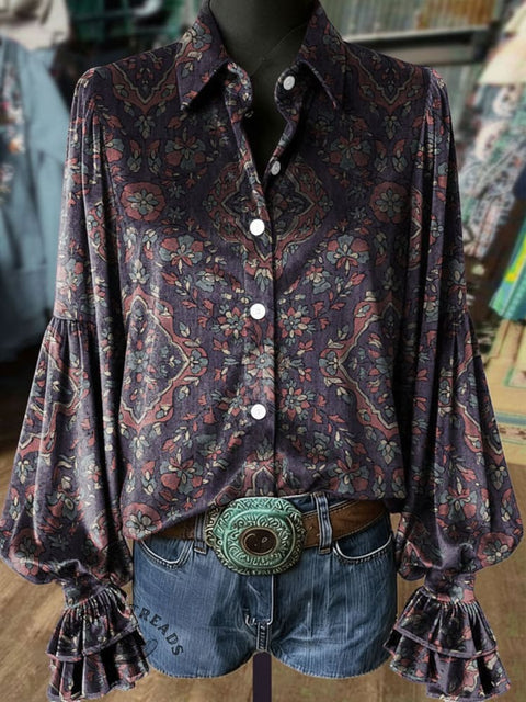 Women's Retro Floral Print Casual Cotton Shirt