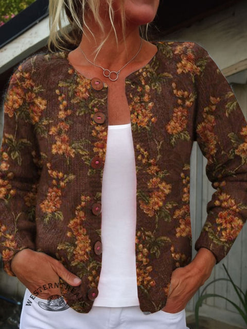 Floral Print Buttoned Cardigan Sweater