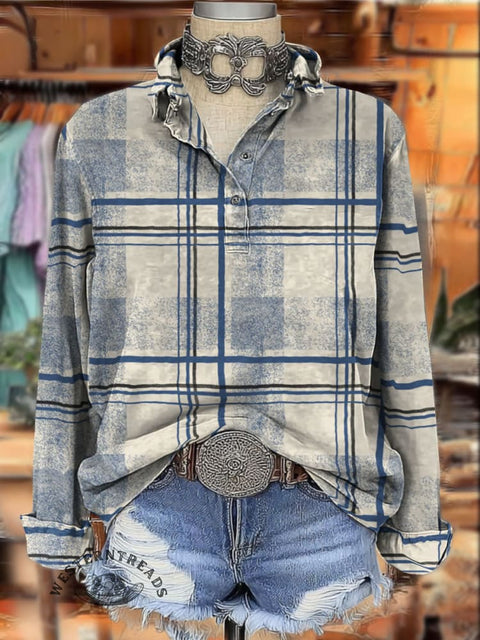 Western Lattice Print Women's Print Casual Cotton Shirt