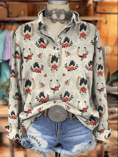 Western Horse Print Women's Print Casual Cotton Shirt