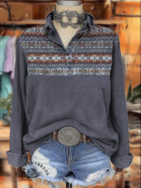 Western Aztec Print Women's Print Casual Cotton Shirt