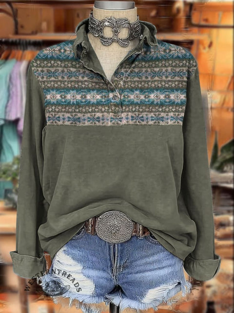Western Aztec Print Women's Print Casual Cotton Shirt