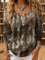 Women's Vintage Abstract Print Henley Neck Sweater Top