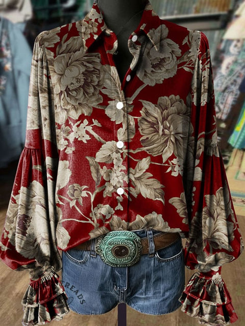 Women's Retro Floral Print Casual Cotton Shirt