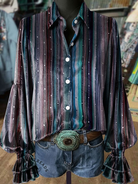 Women's Retro Color Stripes Print Casual Cotton Shirt
