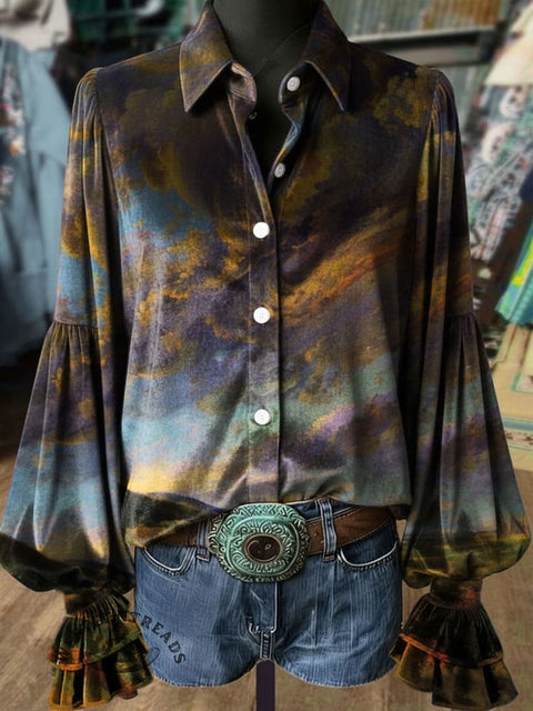 Women's Retro Print Casual Cotton Shirt