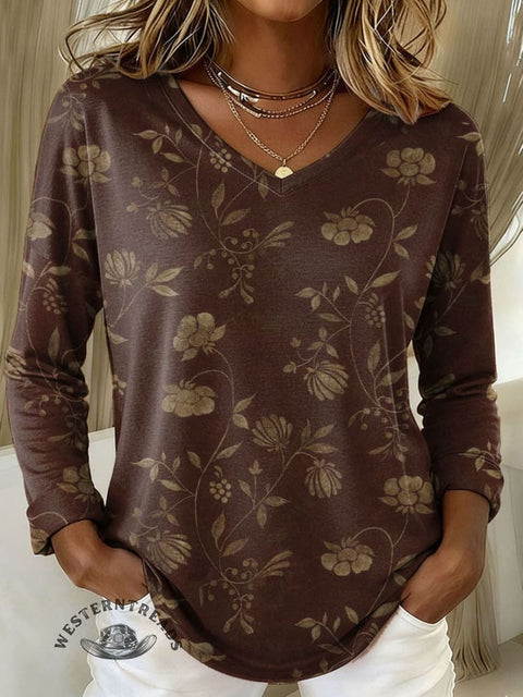 Women's Floral Print Casual V-neck Long Sleeve T-shirt