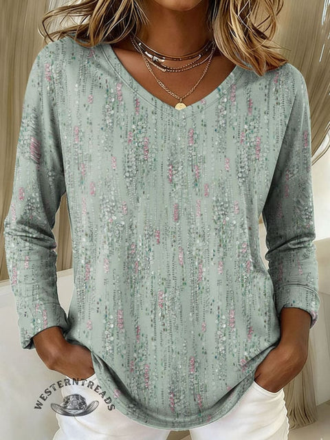 Women's Art Print Casual V-neck Long Sleeve T-shirt