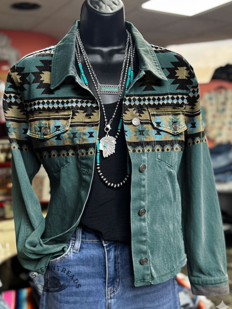 Vintage Western Aztec Art Print Casual Denim Jacket