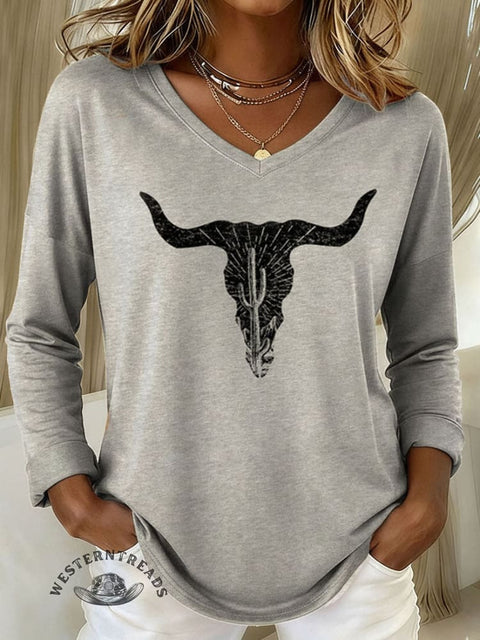 Women's Western Print Casual V-neck Long Sleeve T-shirt