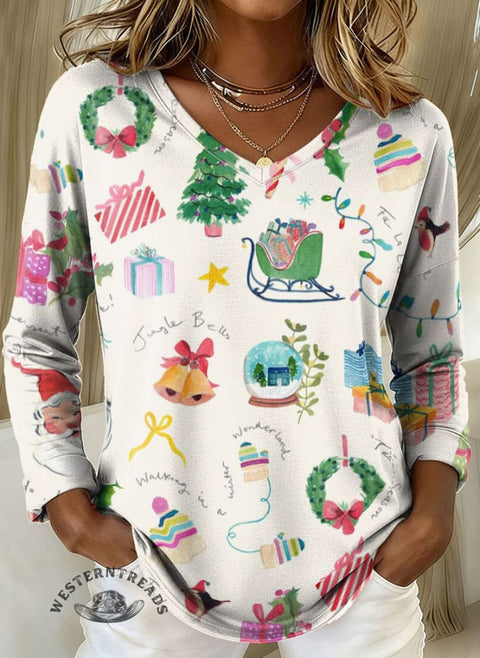 Women's Christmas Print Casual V-neck Long Sleeve T-shirt
